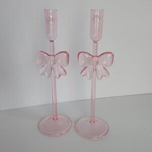Pink Glass Bow Candle Holders - Set of 2 - 11 inches tall  NEW